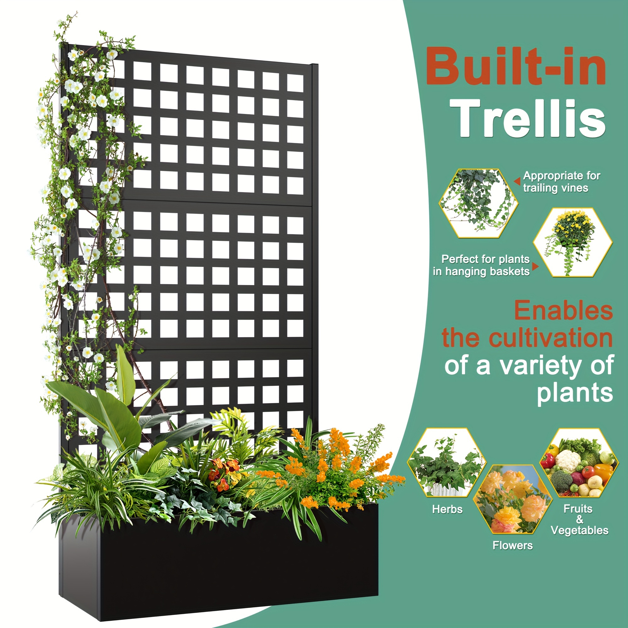 Metal Planter Box With Trellis | 72x35x16 Raised Garden Bed | Wheels & Drainage | For Climbing Plants