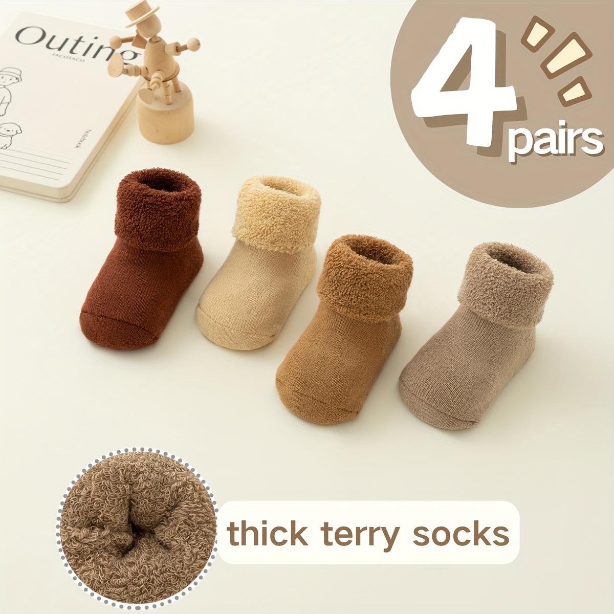 Random 4 Pairs Baby Socks - With Fuzzy Texture & Neutral Tones, Cozy Outing Socks For Daily Use, Adorable Unisex Design For Kids' Playtime & Cold Weather.