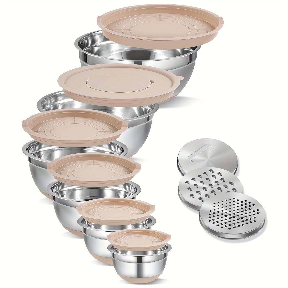 

Set, 6pcs Mixing Bowls With Lids And 3pcs Grater Attachments, Stainless Steel Salad Mixing Bowl Set, 0.95l+1.4l+1.9l+2.4l+3.2l+6.5l, Baking Tools, Home Kitchen Accessories (khaki)
