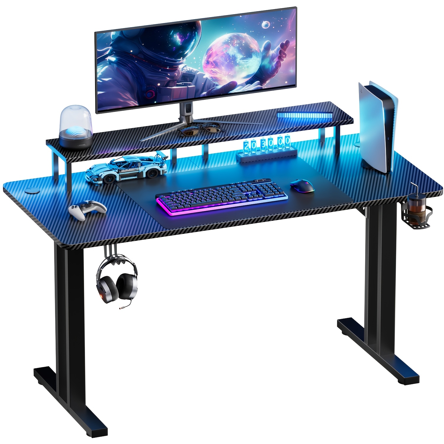TEMU Bureau de jeu avec LED, de travail pour , Bureau d'ordinateur avec surface en fibre de , Table de PC de jeu avec crochet pour casque, Bureau