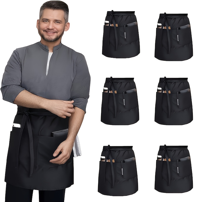 6-Pack Medium-Length Black Three-Pocket Family, Restaurant Waiter Dual-Use Half-Length Apron, Suitable for Coffee Shops, Restaurant Waiters, Solid Color Apron Simple Style
