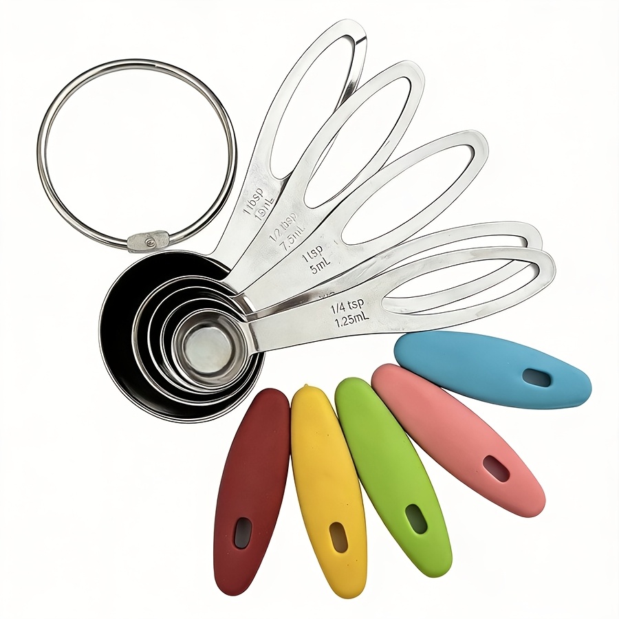 Temu – TEMU 10pcs Stainless Steel Measuring Spoon Set, Including 5 Soft, Non-slip Silicone Handles, Plus A Free Hook Ring. Thickened Metal Measuring Tools,