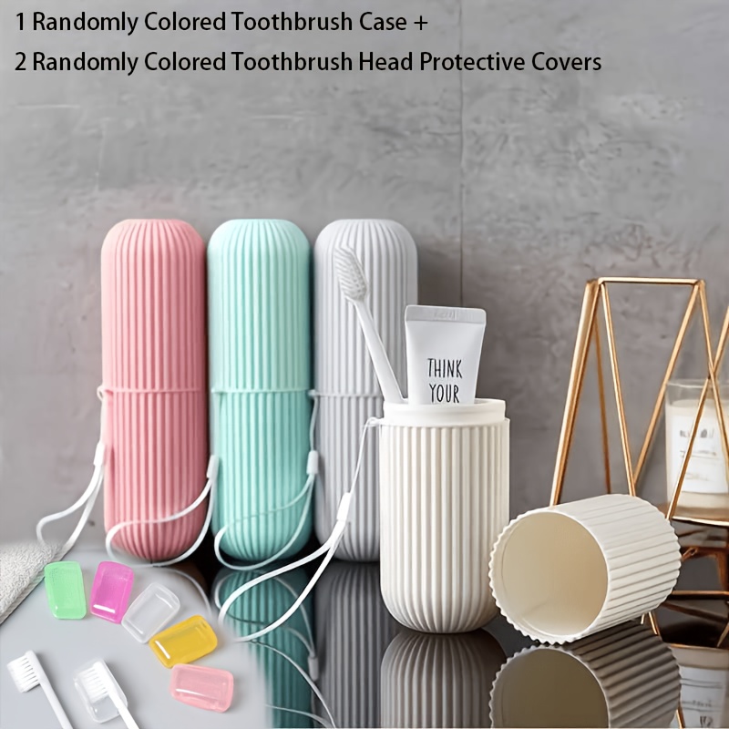 TEMU 3pcs Set: 1 Random Color Toothbrush Holder Case + 2 Random Color Toothbrush Head Covers, Portable Travel Toothbrush Storage Cup With Lanyard