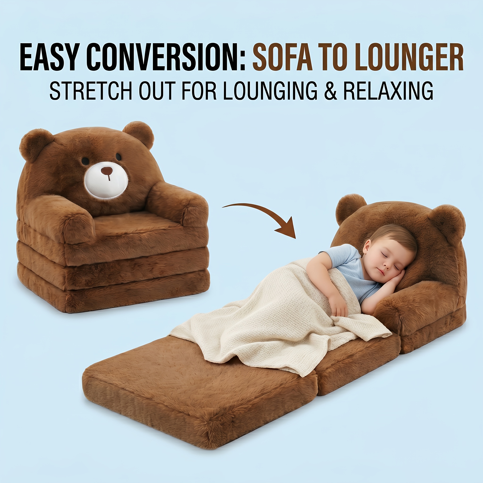 Kids 2-in-1 Toddler Sofa Chair - Fold Out Soft Couch To Lounger For Boys & Girls