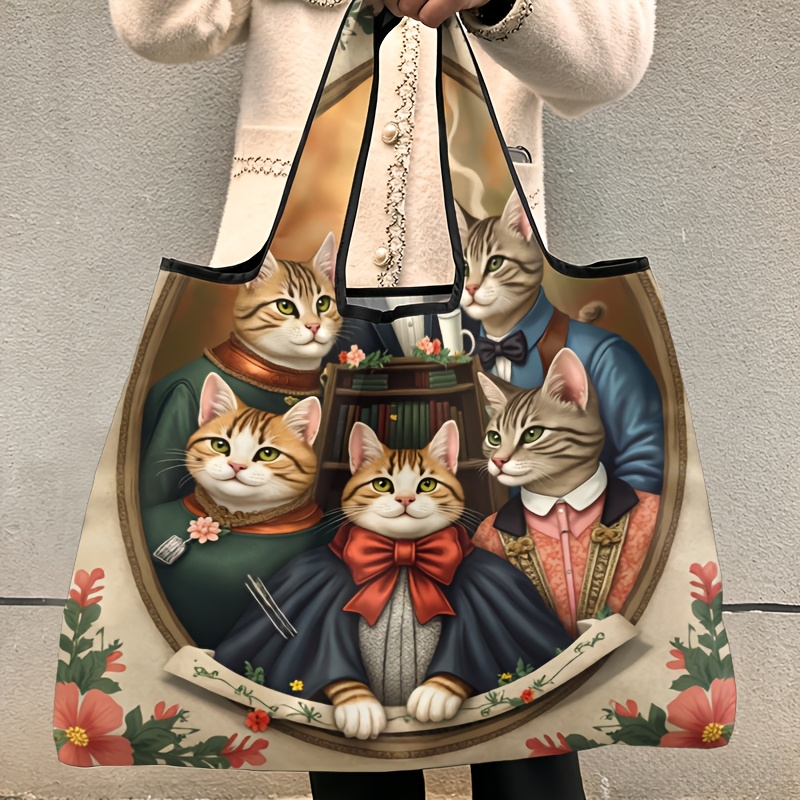 TEMU Women's Foldable Cat-themed Shoulder Bag - Reusable Shopping Tote With Gentleman Cat Print, Double-sided Suitable For Daily Use, Gift For
