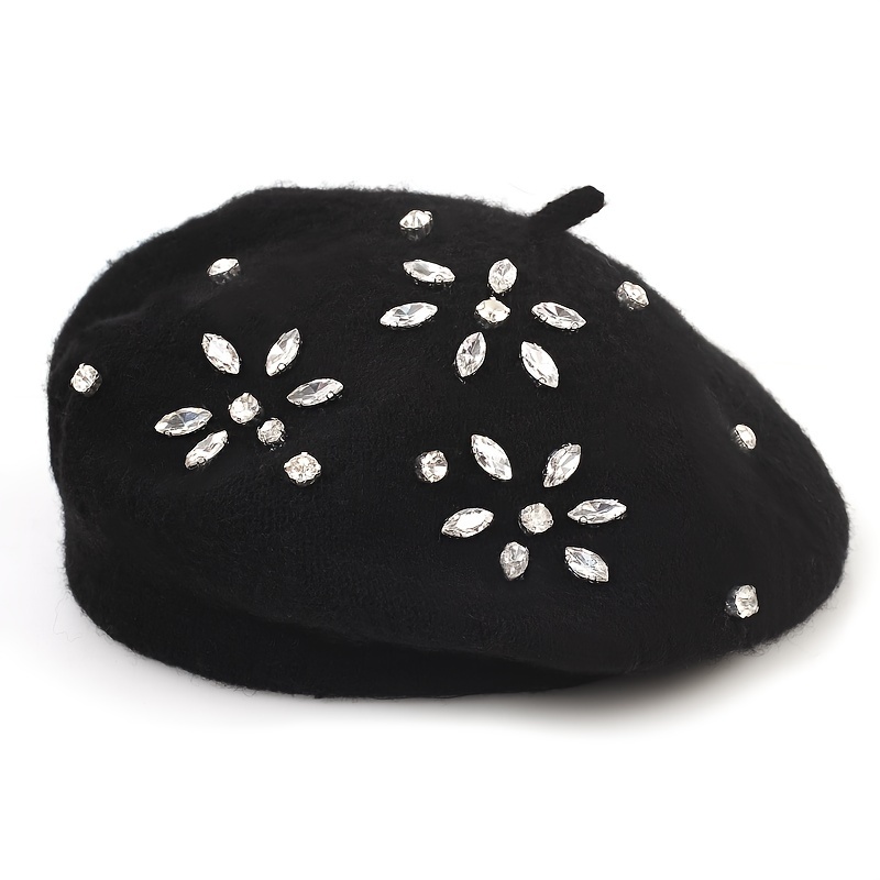TEMU 1pc Autumn/winter Rhinestone Flower-shaped Elegant And Fashionable Women's Beret, Solid Color, Multiple Colors Available, Suitable For Daily Use
