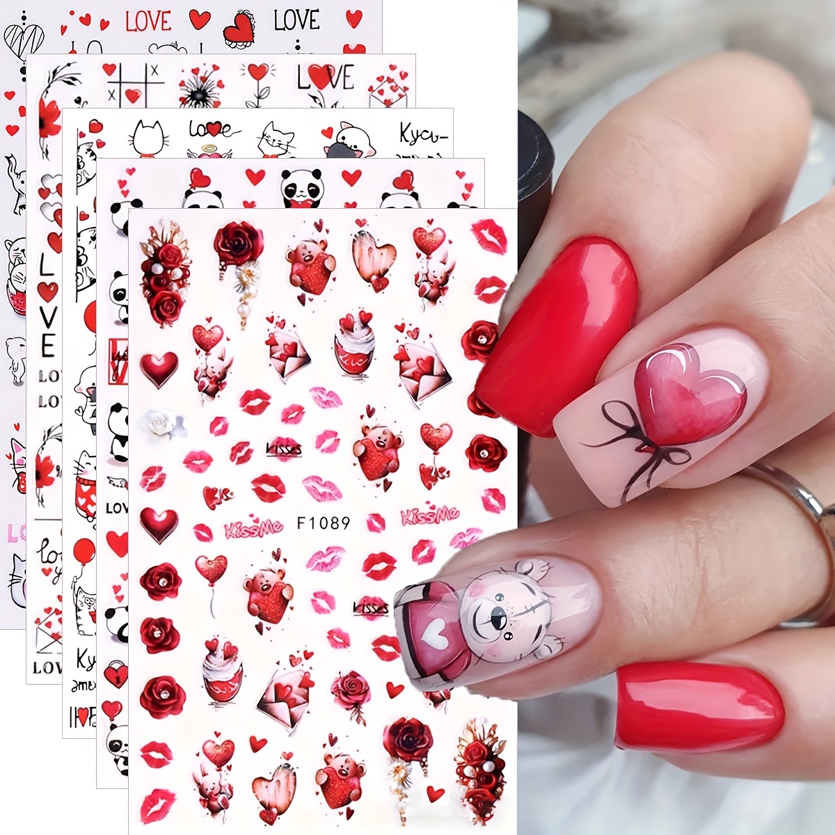 Image of 5 Sheets Of Adorable 3d Nail Art Stickers For Valentine's Day Featuring Designs Of Hearts, Cats, Pandas, Roses, And Lips, Perfect For Women's Holiday Nail Decoration