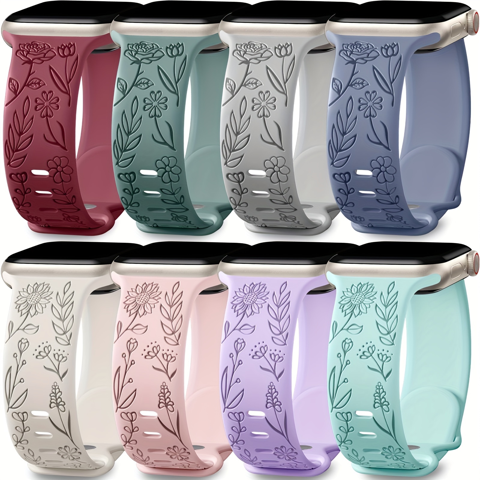 

8 Pack Bands For Women Apple Watch 40mm 41mm 38mm 42mm 44mm 45mm 49mm Iwatch Series 6 5 4 3 /1 2nd, Soft Silicone Floral Engraved Dressy Wrist Straps