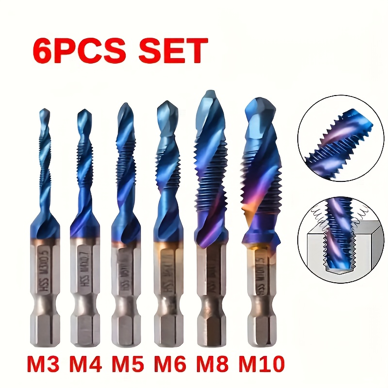 6pcs Hex Shank Hss Metric Thread Taps Drill Bits, Suitable For Screwdrivers, Specifications M3, M4, M5, M6, M8, M10, Manual Tools, Metalworking Tools, Essential Items For . , High , Durable