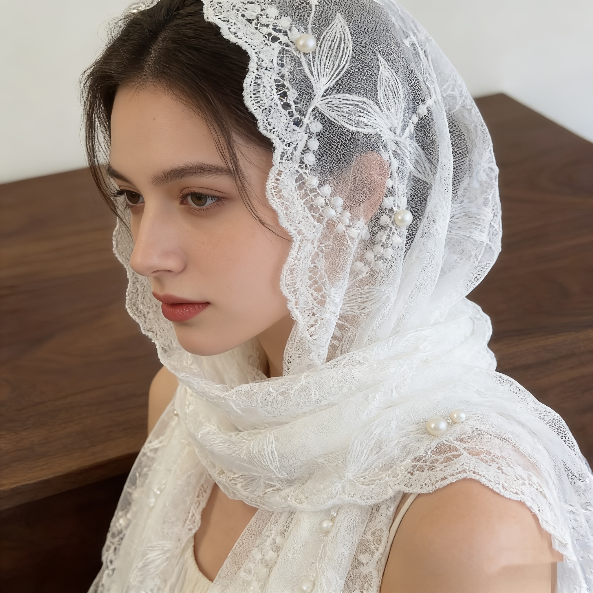 TEMU White Lace Scarf With Pearl Embroidery, A Fairy-like Atmosphere. A Gentle, First- Lace Shawl With Three-dimensional Floral Embroidery, Perfect