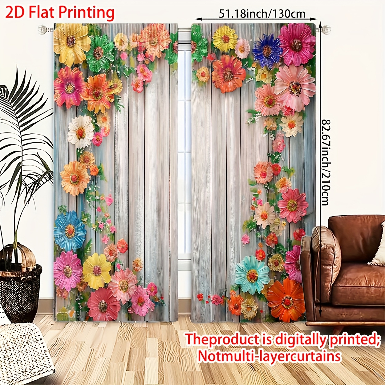 TEMU 2 Piezas de Cortinas 2D, Material de Poliéster con Estampado Vintage Floral Digital de Calidad, Diseño Filtrador de Luz para Dormitorio, Sala y