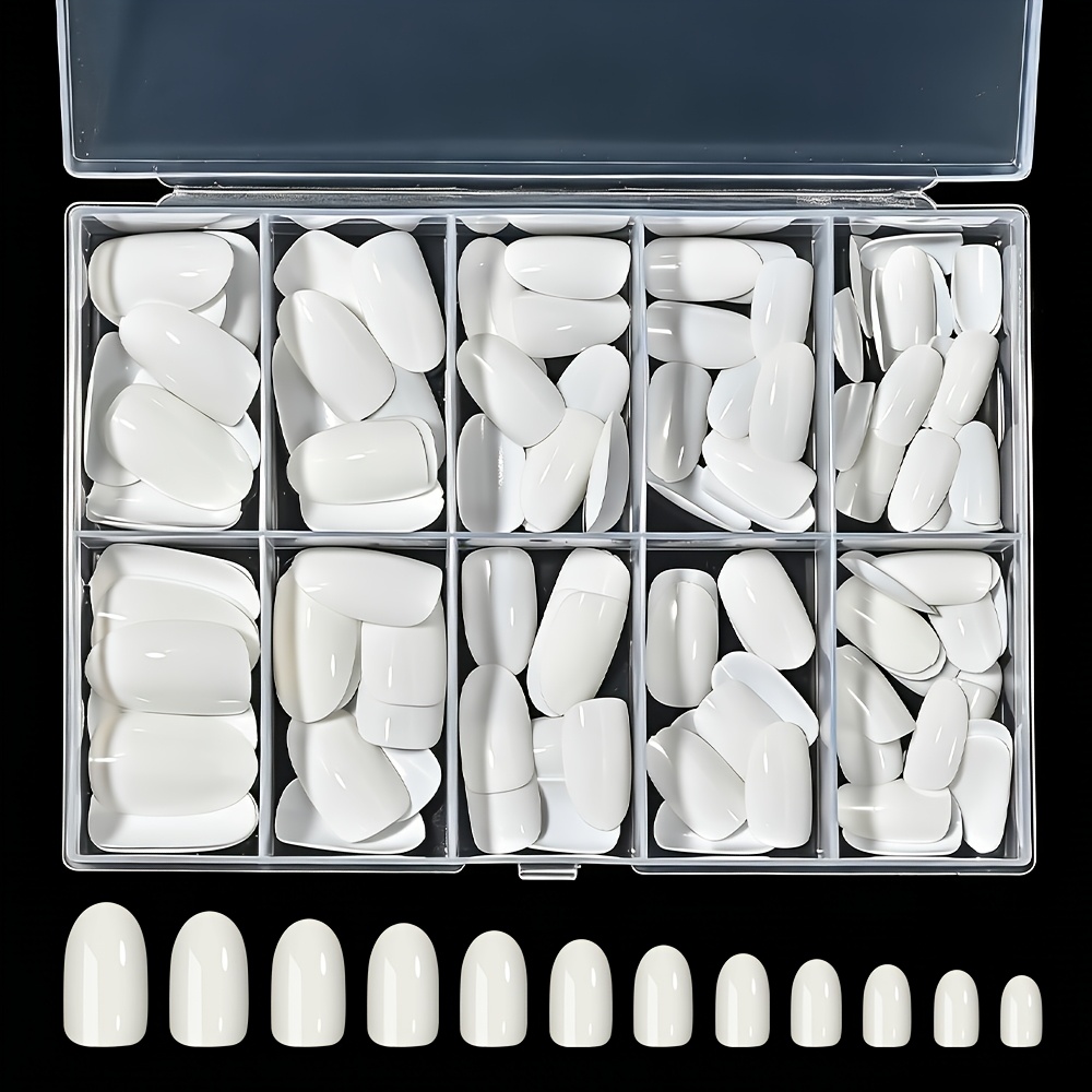 TEMU Lot de 120 capsules d'ongles courtes ovales , 12 tailles de faux ongles en gel souple prémoulés à couverture complète avec boîte de rangement