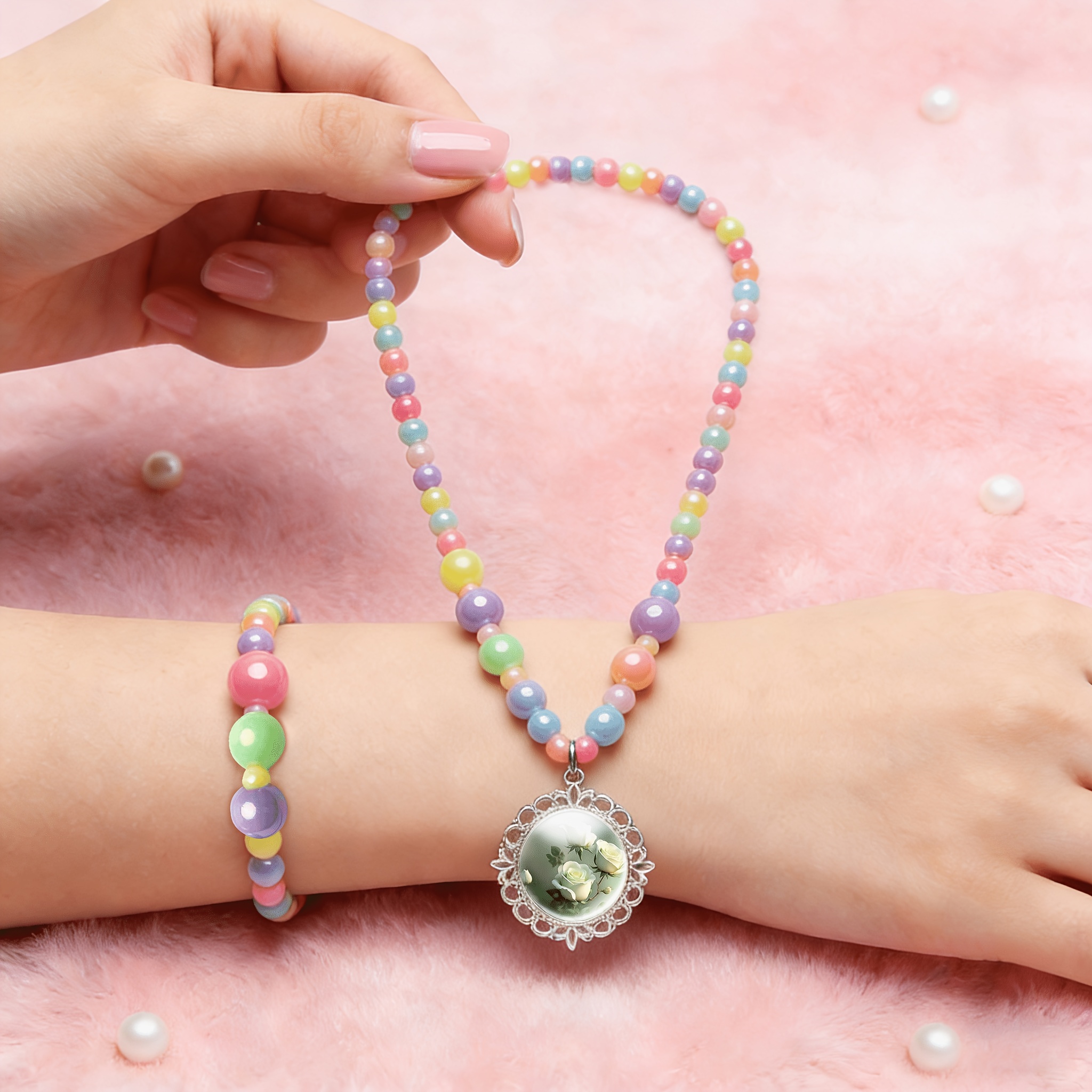 2pcs Women's Cute Necklace & Bracelet Set, Random Colour
