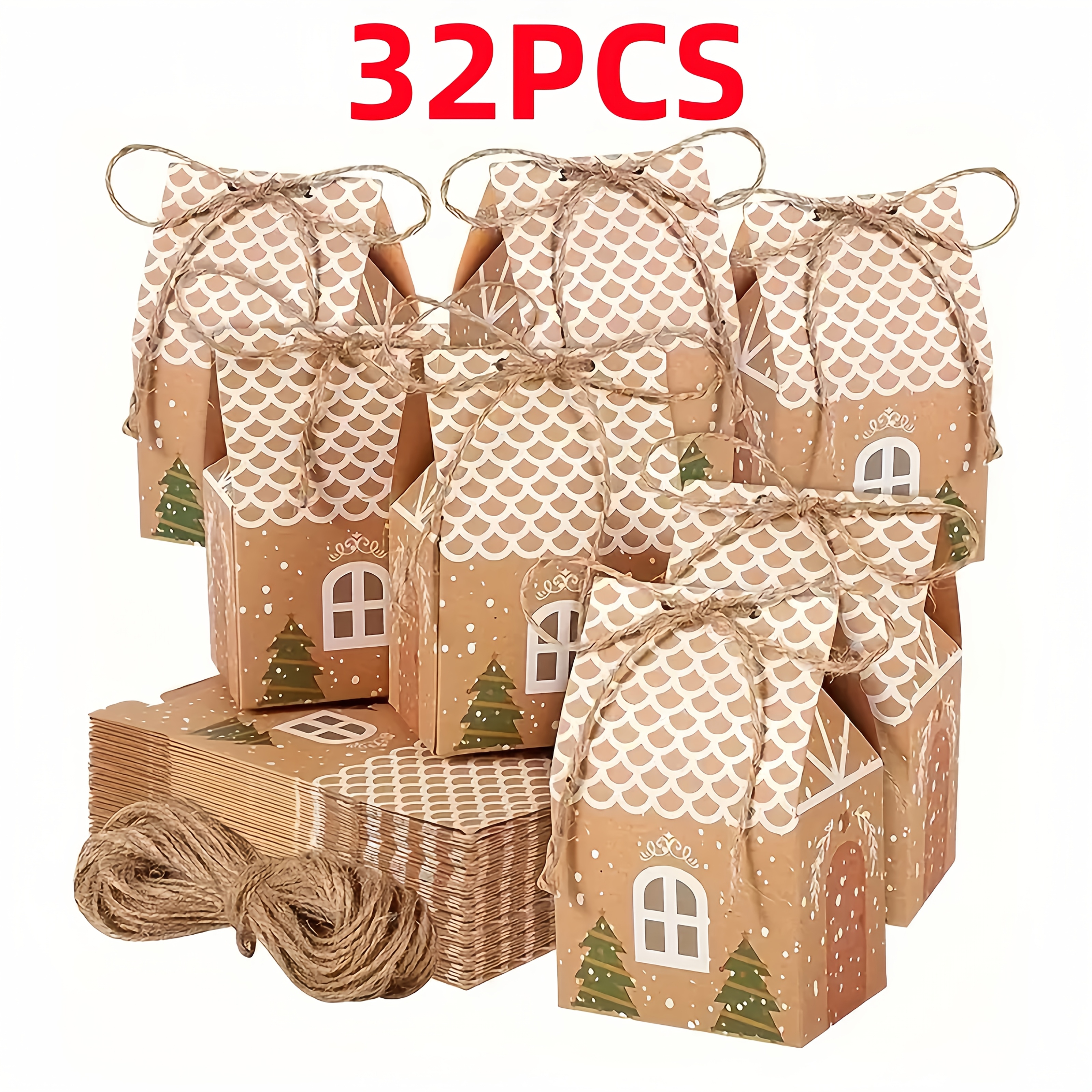 32pcs Mini Kraft Paper Gift Boxes with Gingerbread House Design