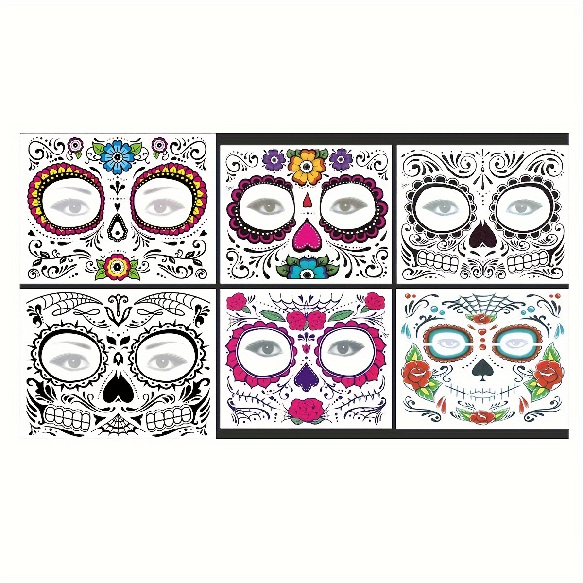 Face Tattoo Stickers 6 Sheets Halloween Temporary Tattoos Red Rose Sugar Fake Tattoo Stickers Face Sticker Set Halloween Makeup Ball Stickers Tattoo Stickers