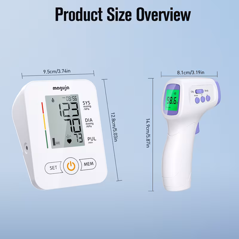 2 in 1 device for measuring blood pressure and forehead temperature featuring an automatic upper arm blood pressure monitor with a memory capacity of 2 60 readings an adjustable cuff size ranging from 8 66 to 16 54 inches Product details 2