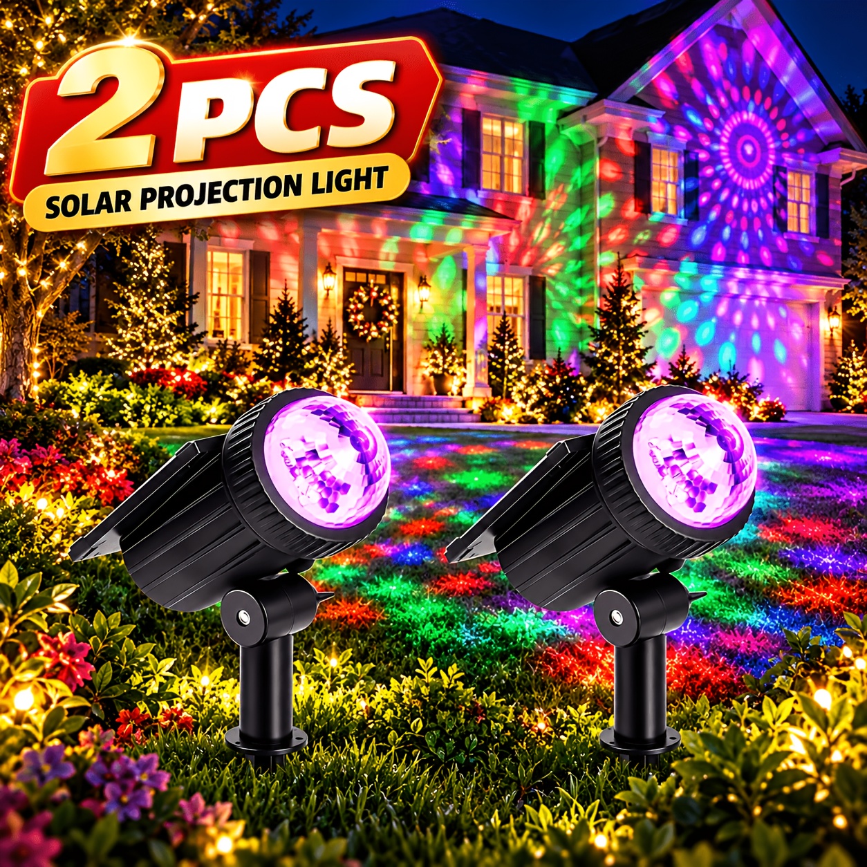 TEMU 2pcs Solaires Paysagers avec Angle Réglable pour Décoration de Noël et d'Halloween, Lampe Solaire d'Extérieur IP65, Projecteur Spot Solaire avec