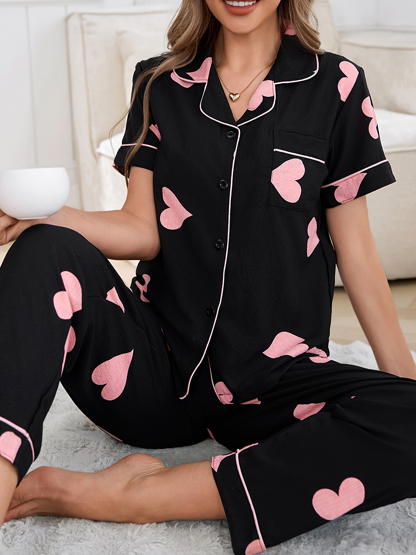 bubble chiffon womens summer pajama set with short sleeves and long pants sweet colorful love print button top and trousers for   in summer Product details 2