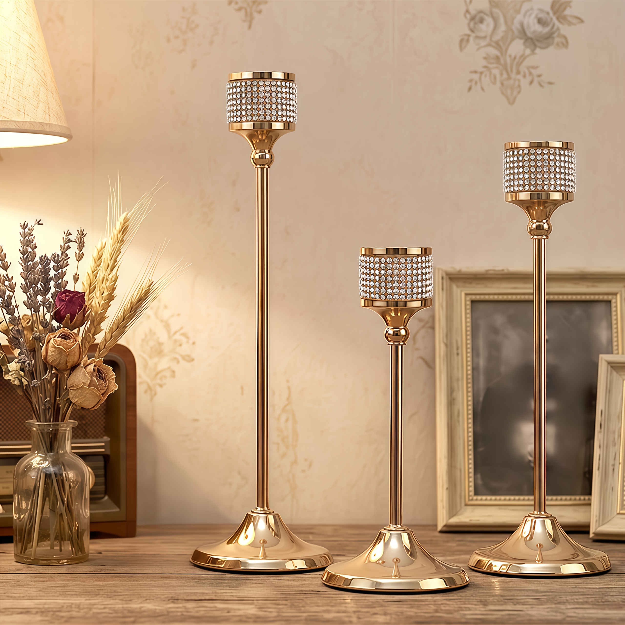 TEMU 3pcs Light Golden Diamond-encrusted Candle Holders, An Overall , Elegant, Warm, And Sophisticated Home Ambiance. Used For Dining Tables, Living