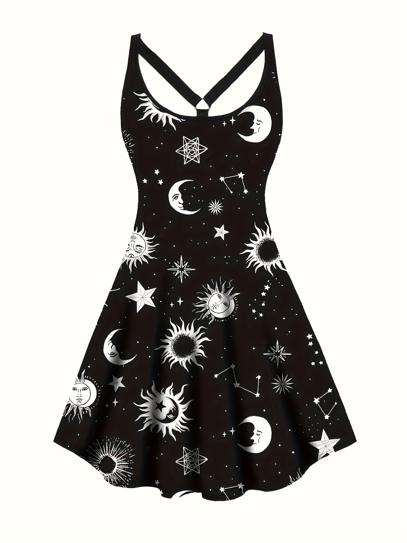 Plus Size Sun &amp; Moon Print Cami Dress, Casual Crew Neck Sleeveless Dress, Women&#39;s Plus Size Clothing