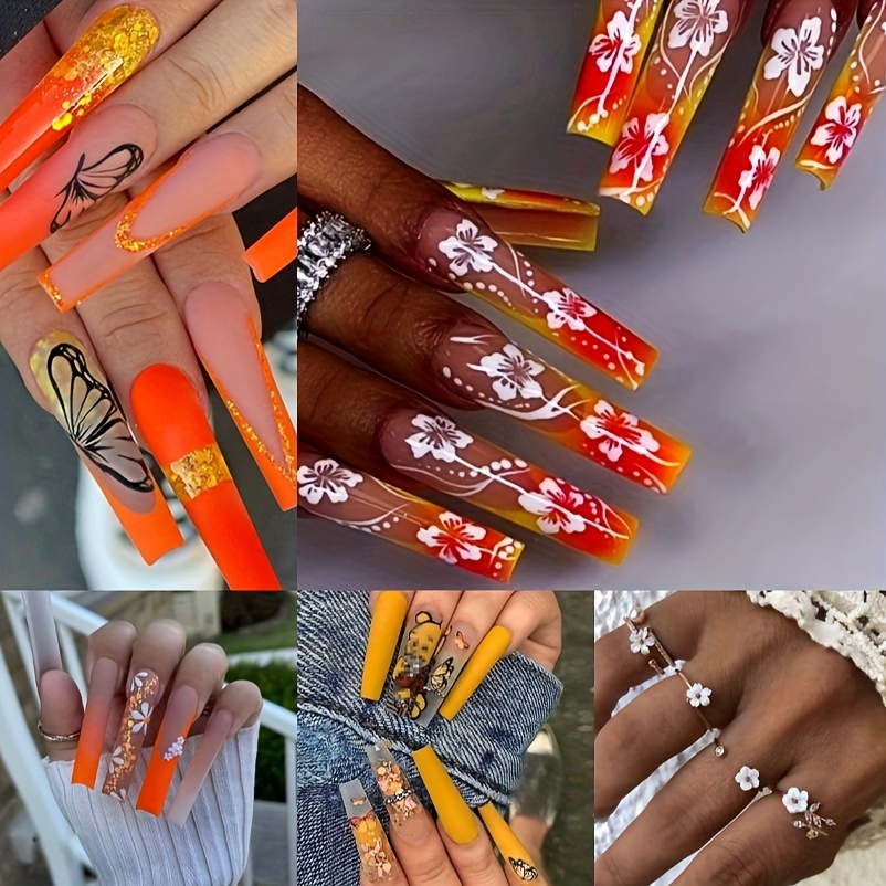 

96pcs False Nails, Acrylic Matte Orange Long French Tips Square, + 5pcs Flower Rings Extra Long Glue On Nails With Cute Flower Designs For Women