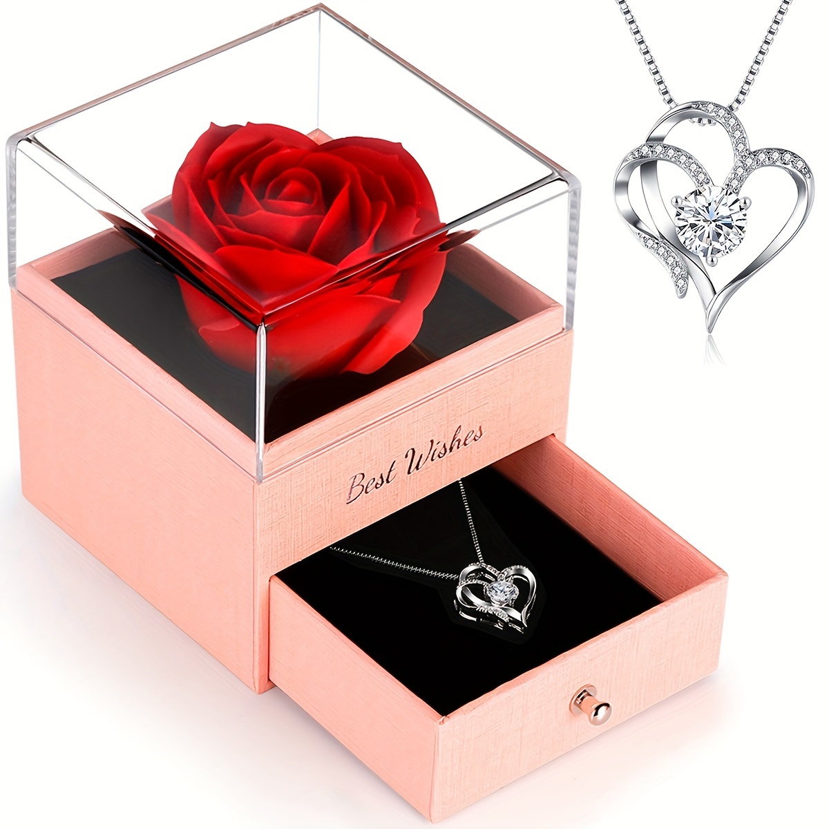red rose love heart necklace with gift card and gift box perfect gifts for women mom girlfriend wife or her for valentines day anniversary birthday christmas or mothers day from daughter or son