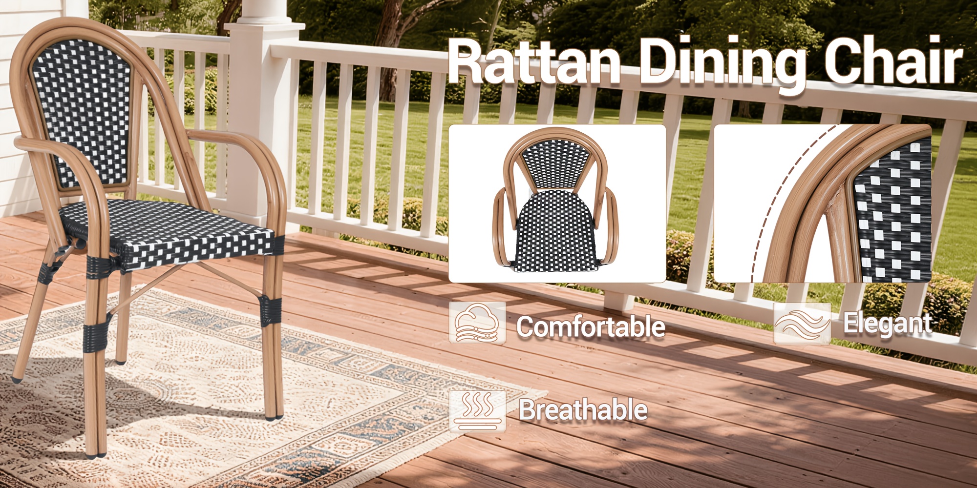 French Bistro Chairs Set Of 2, Hand-Woven PE Rattan Outdoor Arm Dining Chairs with Metal Frame for Garden Balcony