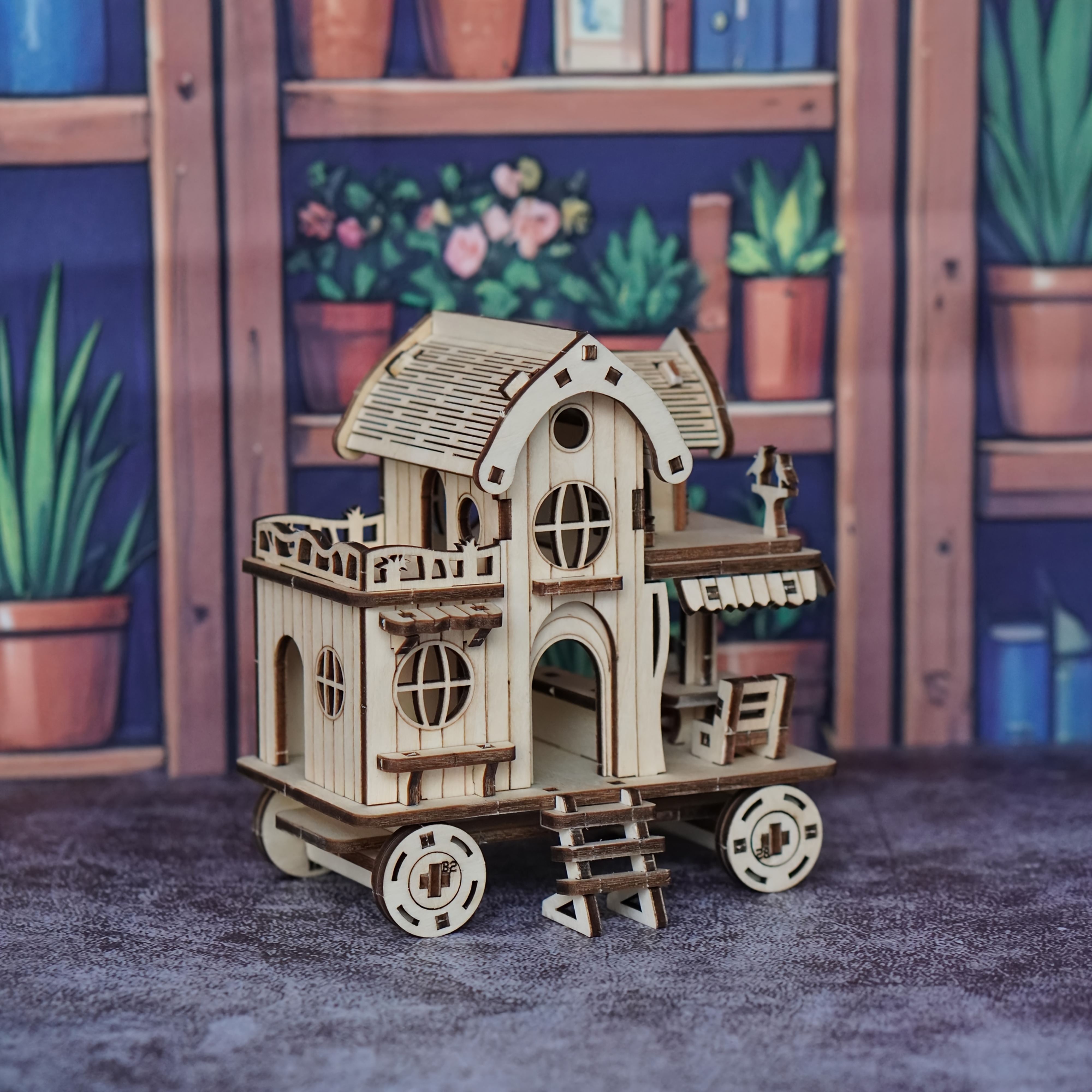 Image of 3d Wooden Puzzle , House With Wheels, A Model Of A Bar, Wooden Assembly Craft, Perfect As A Gift For