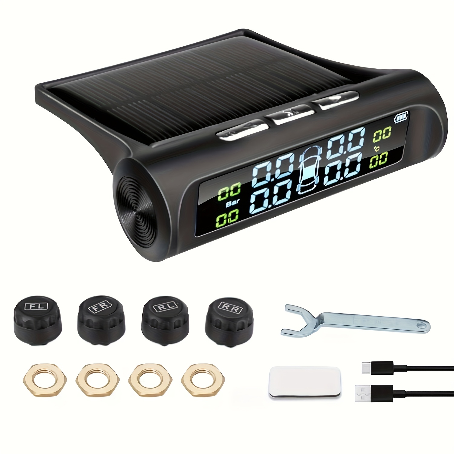 vezeték nélküli gumiabroncs nyomásfigyelő rendszer - usb töltésű napelemes tpms 4 külső érzékelővel, tpms készlet valós idejű nyomás- és hőmérséklet-értesítéssel, suv, mpv, pickup és orv számára, alacsony akkumulátor-értesítés, egyszerű telepítési főegység csak fogad 0