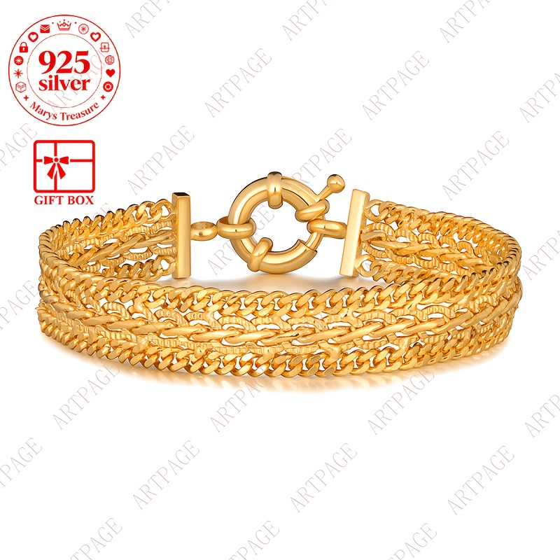 Image of 925 Silver Golden Woven Men's Bracelet 18cm Designer Gift For Him Suitable For Prom, Wedding, Valentine's Day, Halloween Anniversary, Festivals And Special Occasions, Exquisite Gift Box Packaging
