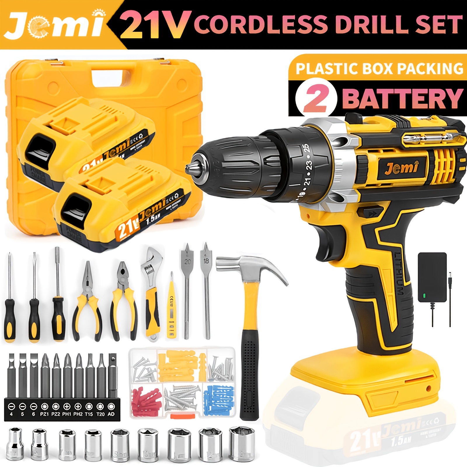 Image of Jemi Tool 12v/21v Drill, Torque 45n.m, 3-in-1 Multifunctional Drill With Adjustment, 18+1/25+3 Torque Settings, Suitable And Work, Packaged With Full Set Of Additions In A Plastic Box