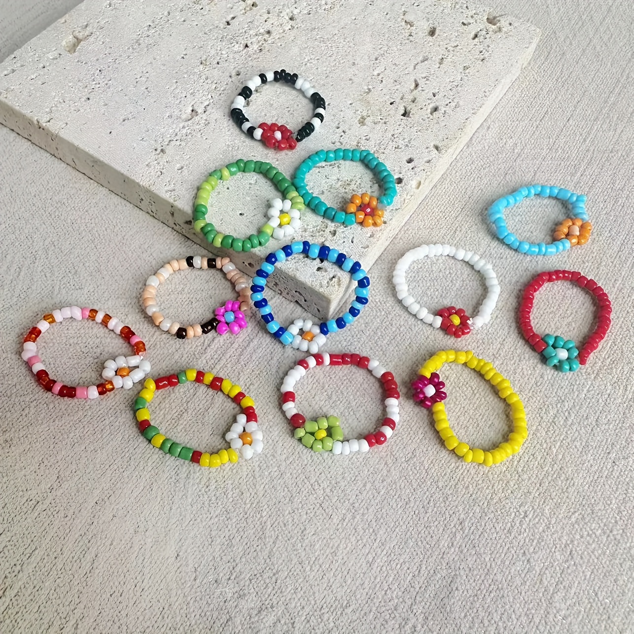 

12pcs Colorful Beaded Flower Rings Set, Elastic Bohemian Style, Handmade Woven, Assorted Sizes For Women Summer Jewelry Accessory