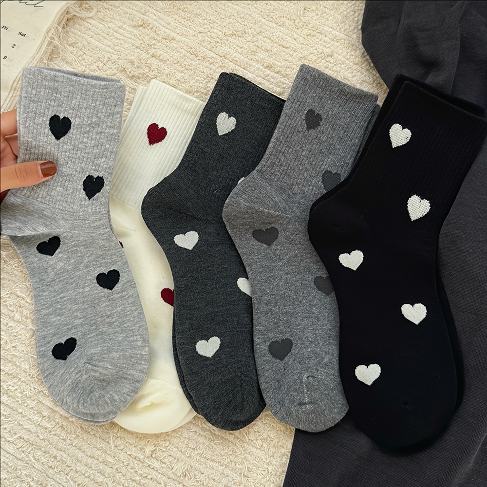 TEMU 10pcs/5 Pairs Women's Mid-calf Socks With Heart Pattern, Calf Socks - Elegant Heart , Featuring A Heart Pattern In Fabric - Soft, Suitable For