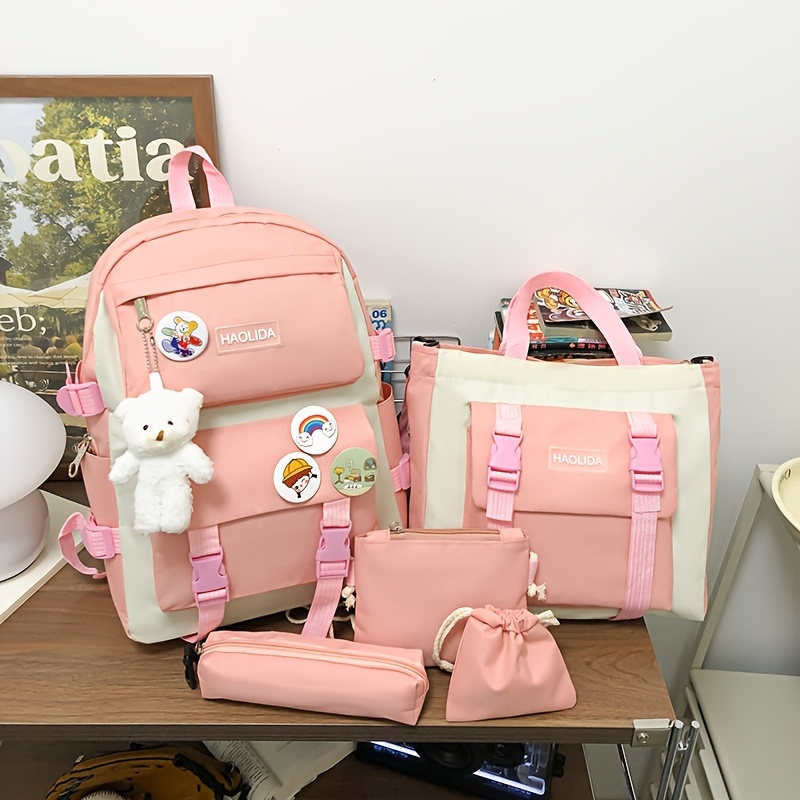 Random Badge 5pcs Student School Backpack Set + Large Capacity Travel Backpack, For Teenager