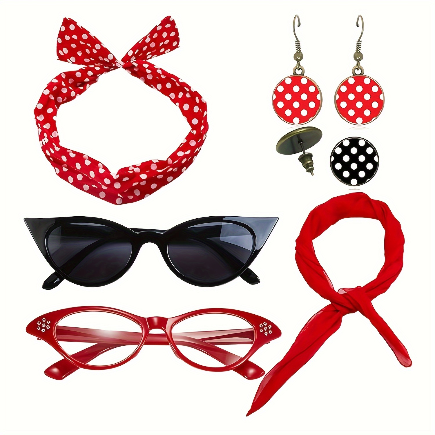 

8pcs/set Vintage Styling Accessories, 1950's Women's Costume Accessories, Chiffon Scarf, Cat Eye Glasses, Bandana Tie Headband, Drop Dot Earrings