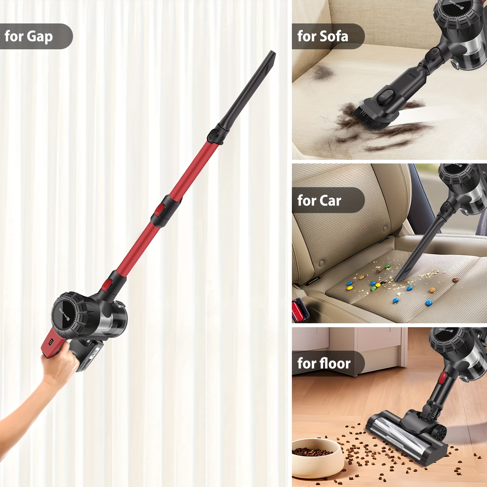 8 In 1 Powerful Cordless Stick Vacuum Cleaner, 45KPA Cordless Vacuum Cleaner, Handheld Stick Vacuum With HEPA Filters + 3000mAh Rechargeable Battery, Pet, Crevice & Multi-Surface Tools, Red+Black