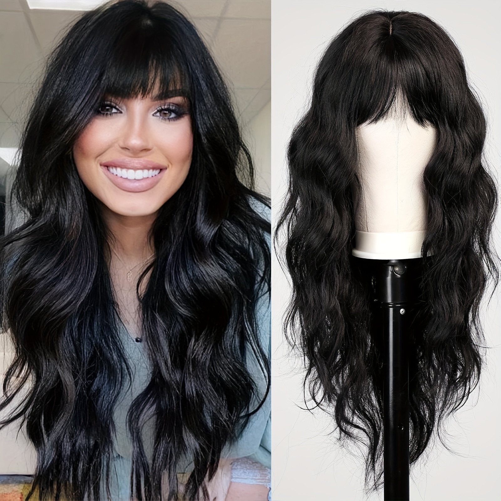 TEMU Black Wig With Bangs For Women Long Wavy Hair Wig Black Wig Curly Wavy Synthetic Wigs For Daily Party Use Daily For Halloween Wig Cosplay Wig For Halloween Party College Wigs