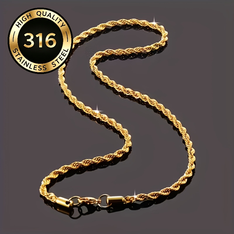 TEMU Cadena de cuerda retorcida de acero inoxidable 316L de 4 mm de ancho -60 cm de largo, collar de joyería para que decolora