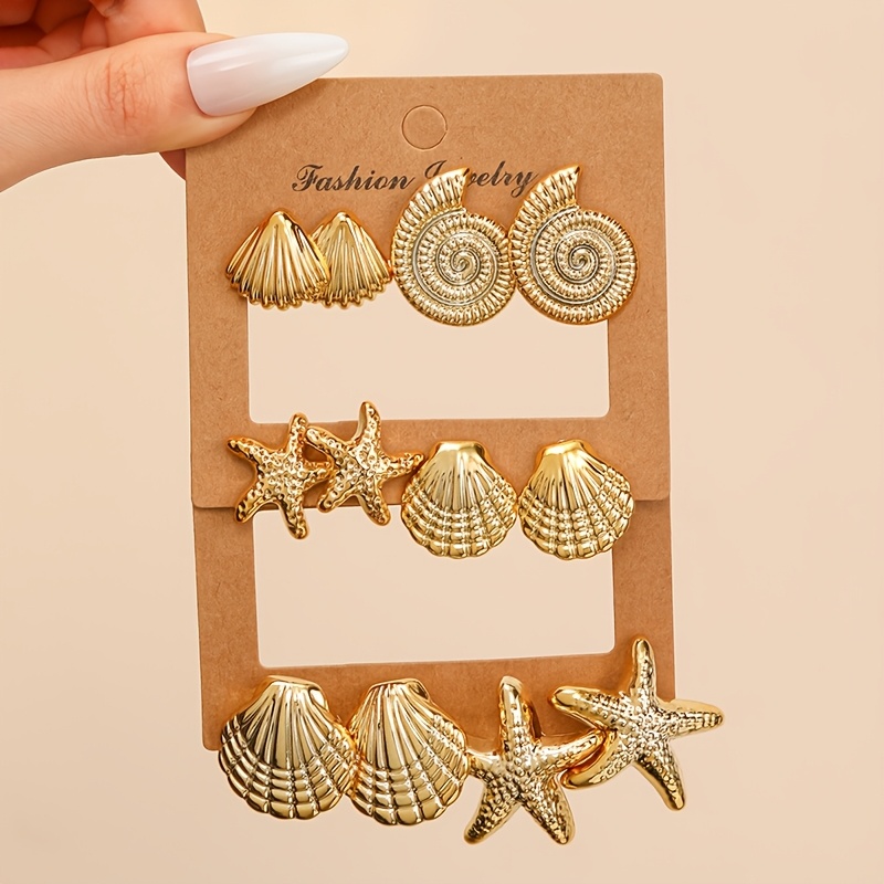 TEMU 6-pair Set Starfish Stud Earrings, Element Earrings, Light Luxury Niche Summer Beach Versatile Ear Accessories
