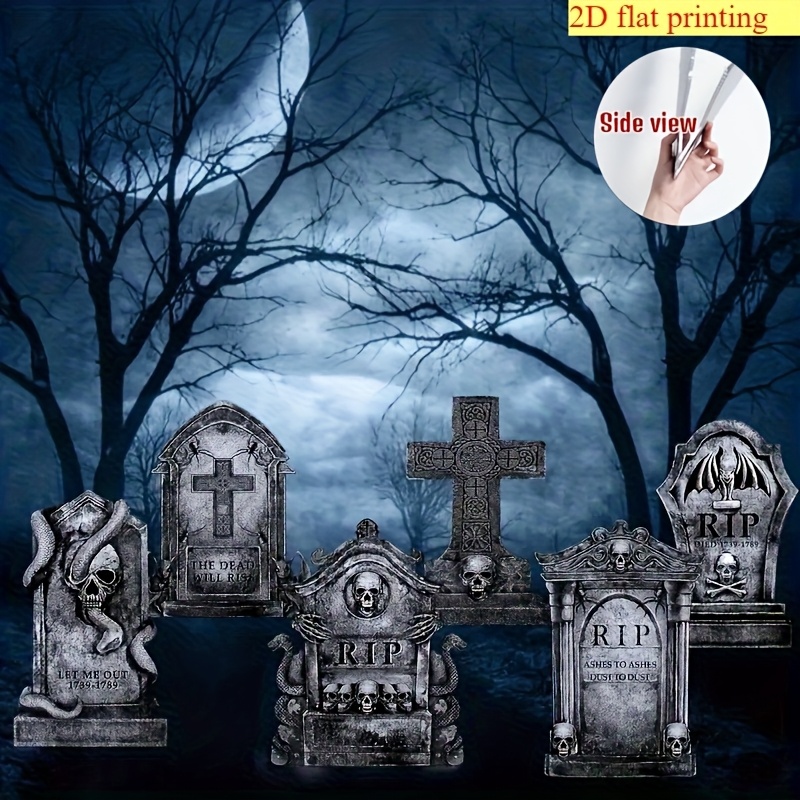 6pcs 2d Flat Halloween Tombstones Sign With Poles Festival Statue Decorations Large Halloween Yard Sign Cemetery Cemetery Decoration, Outdoor Lawn Headstone Not 3d, 2d Flat