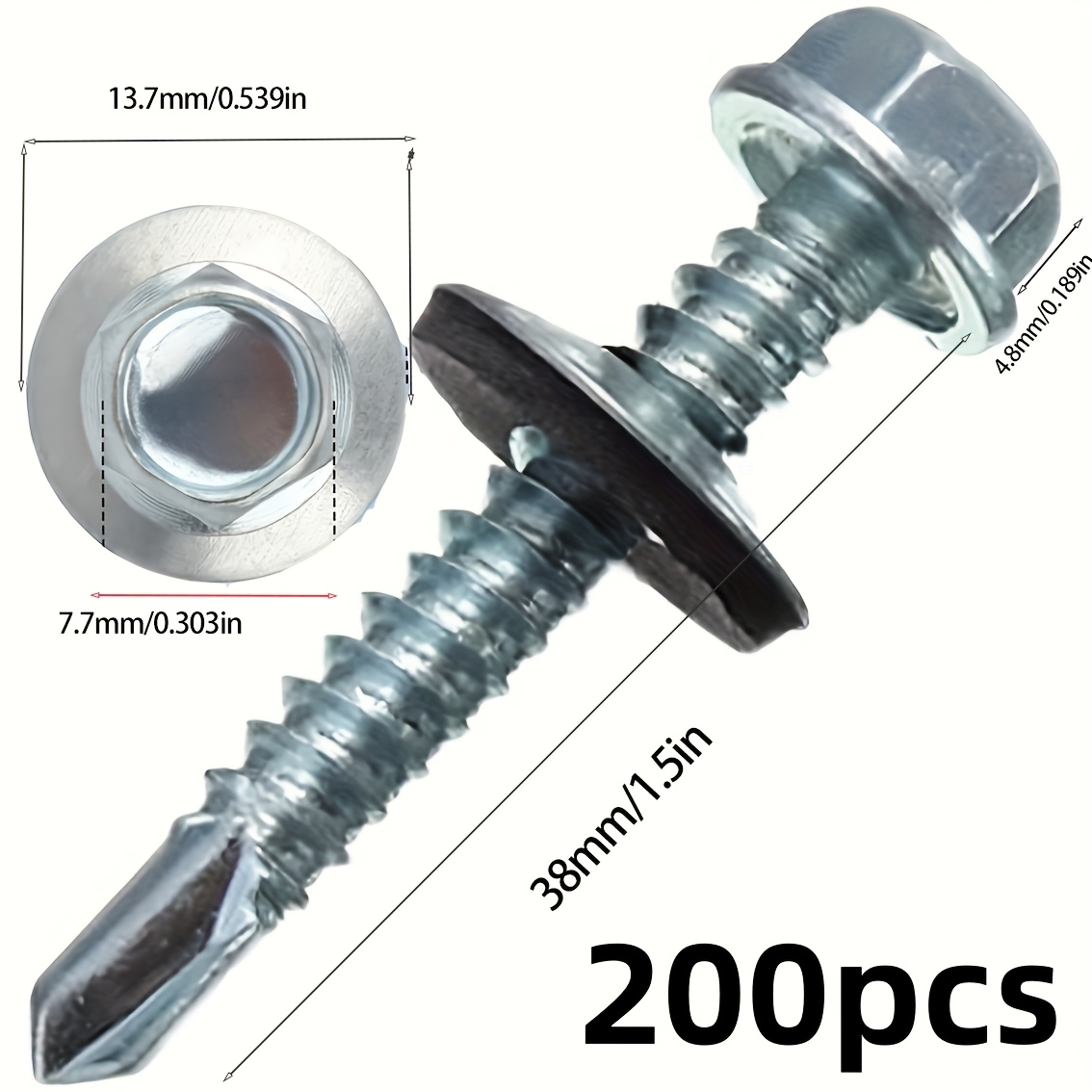 E-shop 4,8 mm x 38 mm Außensechskant-Selbstschneidende Schrauben, 200 Stück Sechskantschrauben mit Dichtscheiben, Kreuzschlitz, für den Außenbereich
