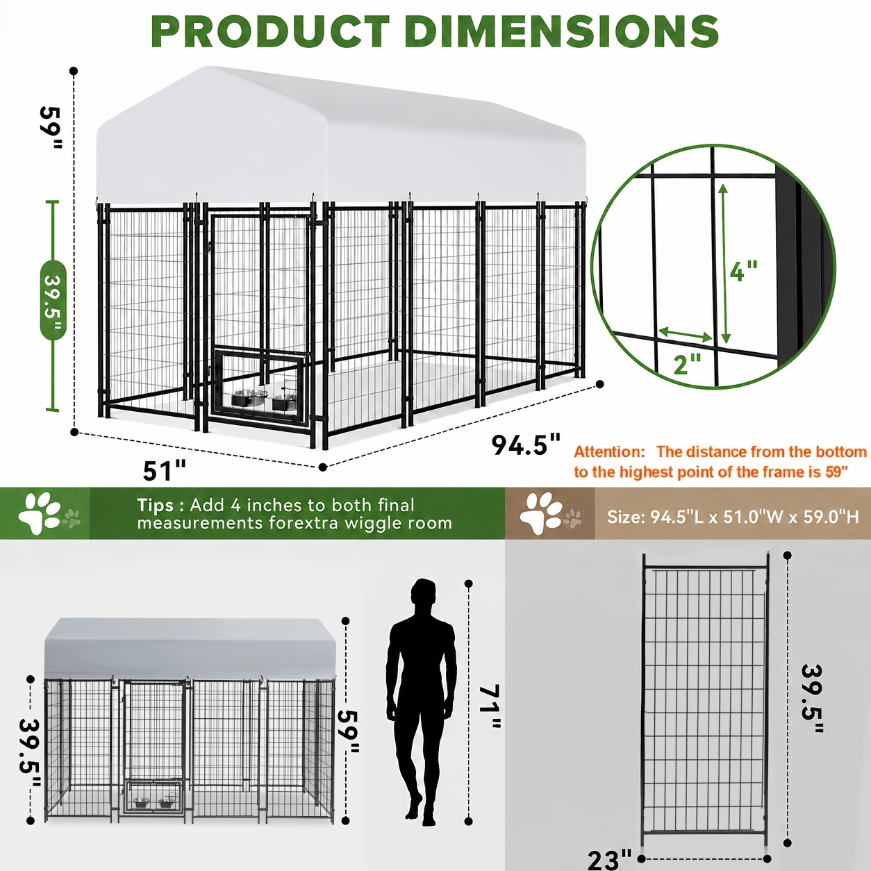 TEMU 7.8*4.3*5 Heavy Duty Dog Kennel Outdoor For Large Dogs -2025 Space Welded Steel Playpen With Upgraded & Uv-resistant Roof & 2 Rotating Bowls