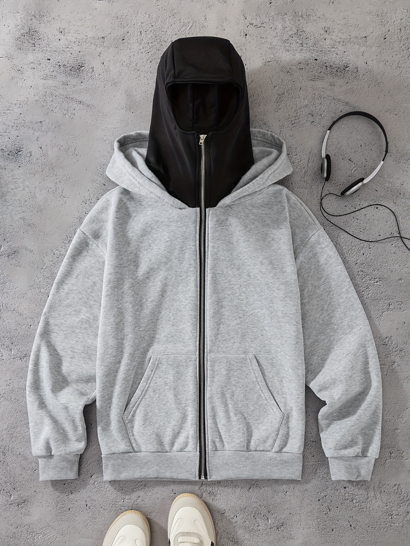 mens trendy black balaclava hoodie masked print zip double Temu