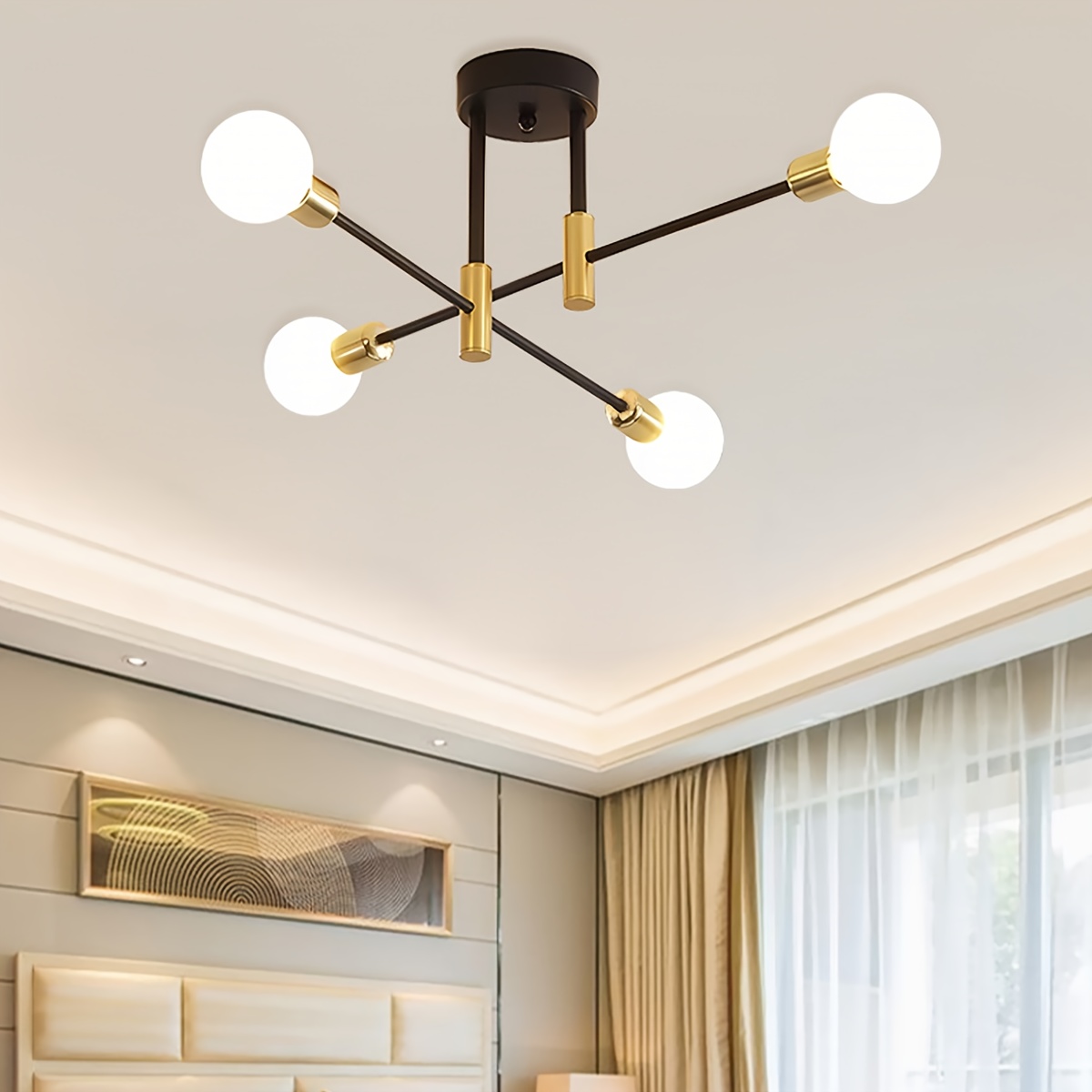 

1pc Modern 4-head Black Golden Semi Flush Mount Ceiling Light Fixture, Industrial Art Chandelier, Polished , E27 Bulb Base, With No Bulbs Included For Living Room Bedroom Study