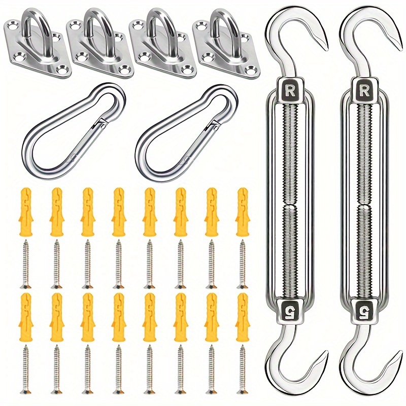 

40-piece Stainless Steel Tent Hardware Kit For Sun Shade Sail Installation, Rust Protection Weatherproof Set With Turnbuckles, Pad Eyes, Carabiners, Screws And Wall Anchors