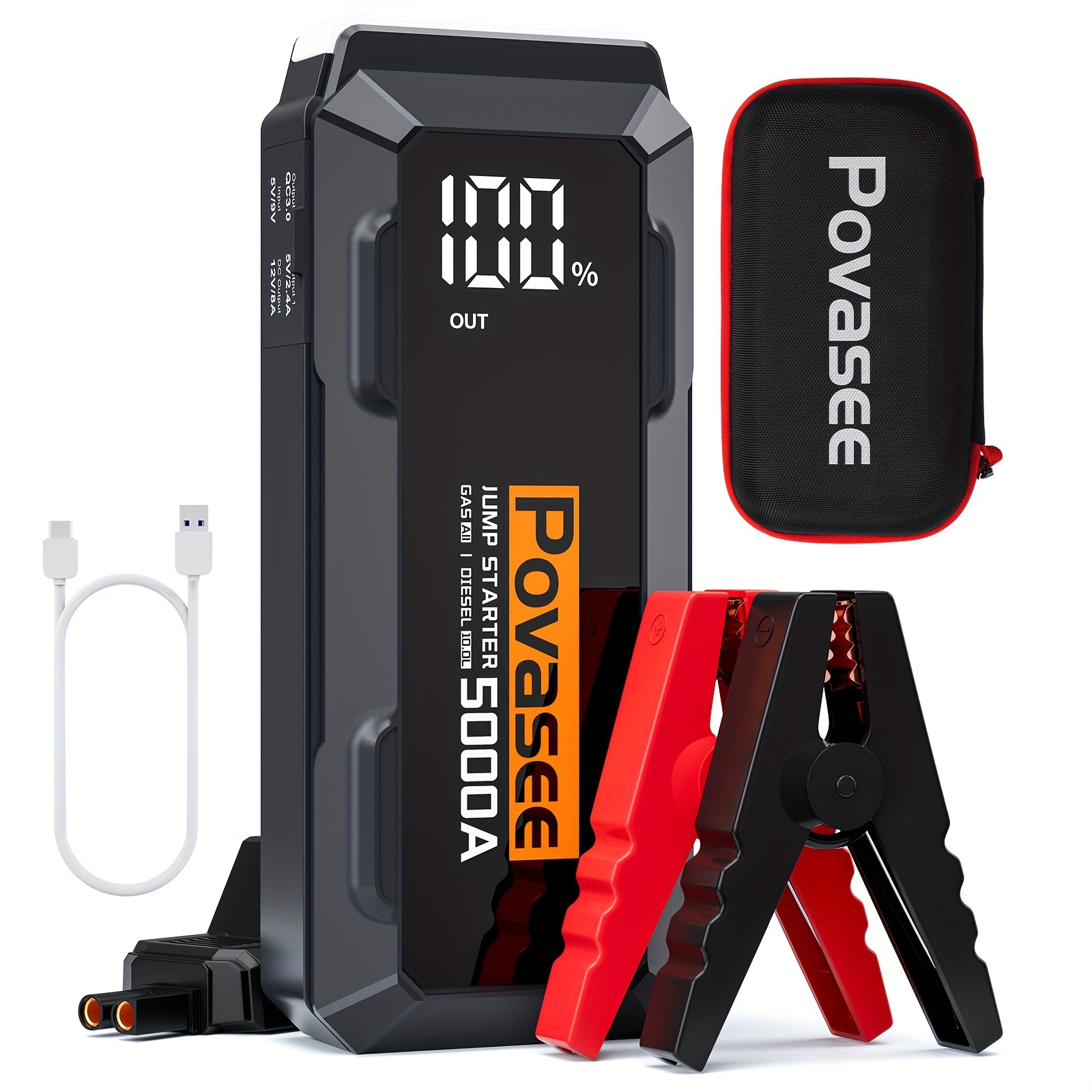 

Povasee Jump Starter 5000a Car Battery Jump Starter, 12v Battery Pack Up To All Gas Or 10l Engine Battery Jump Box With 3" Lcd Display Power Bank/dual Output/led Light