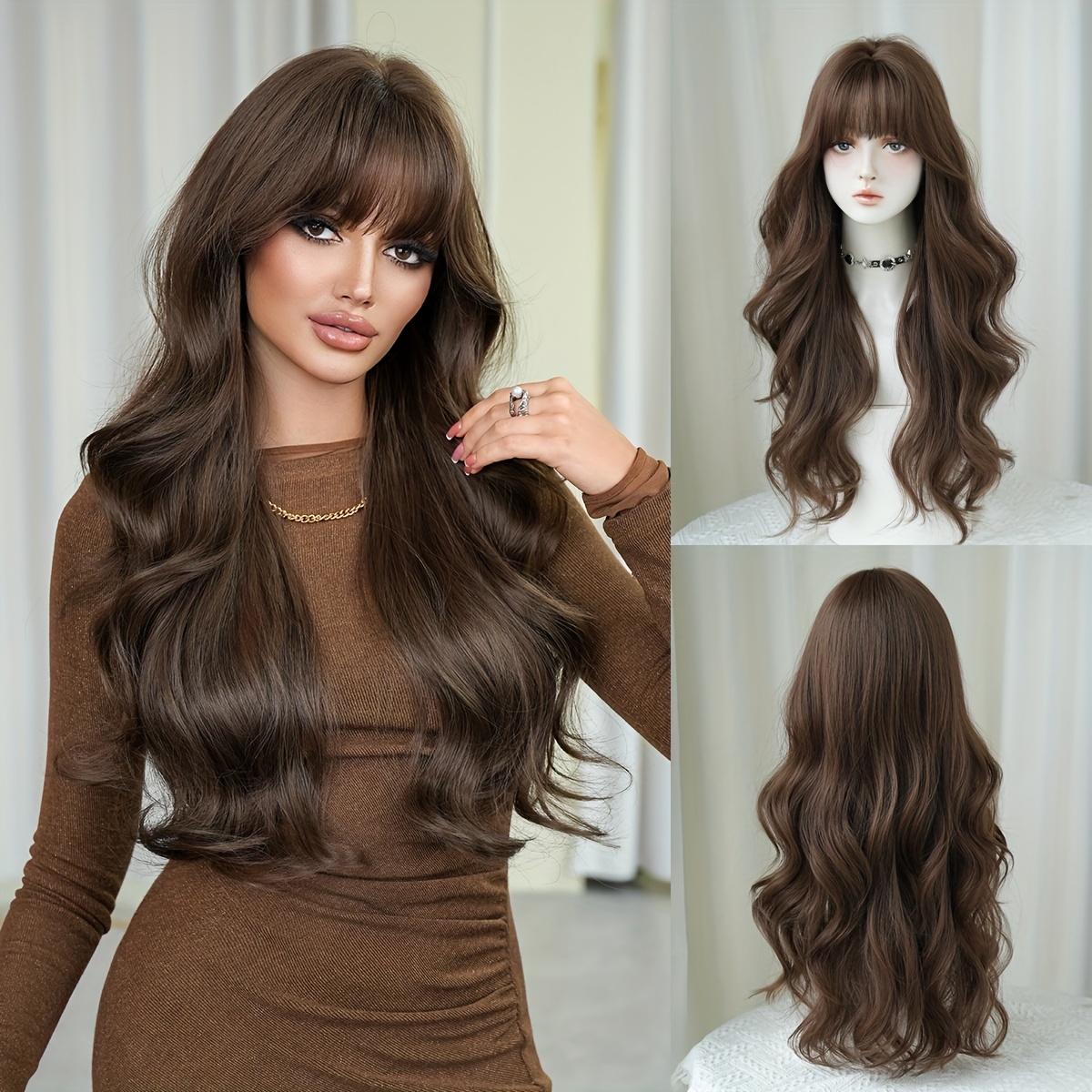 Routine Wigs Long Curly Wave Honey Brown Wigs For Women Daily Party Use High Density Fluffy Wigs With Bangs Heat-friendly Synthetic Wigs Beginner Friendly 28.34 Inches