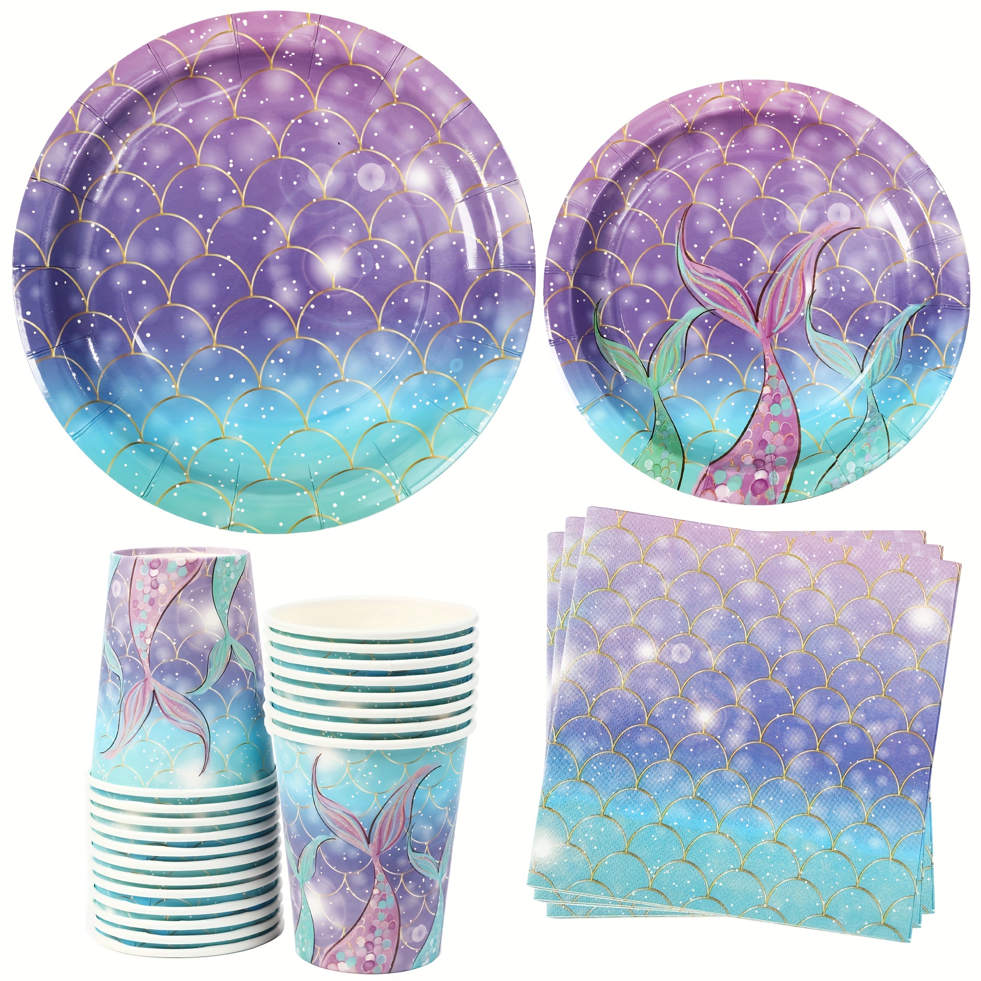 Image of 68pcs Set Of Mermaid-themed Party Supplies, Including Paper Plates, Cups, And Napkins, Perfect For A Birthday Celebration, Featuring Decorations For An Under-the-sea Summer Beach Party