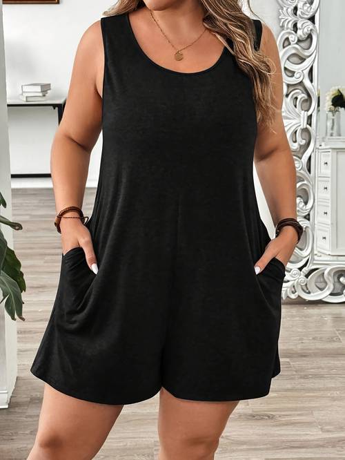 womens plus size olive green sleeveless romper casual solid color jumpsuit with pockets relaxed fit for spring summer breathable casual attire simple aesthetic nontransparent material