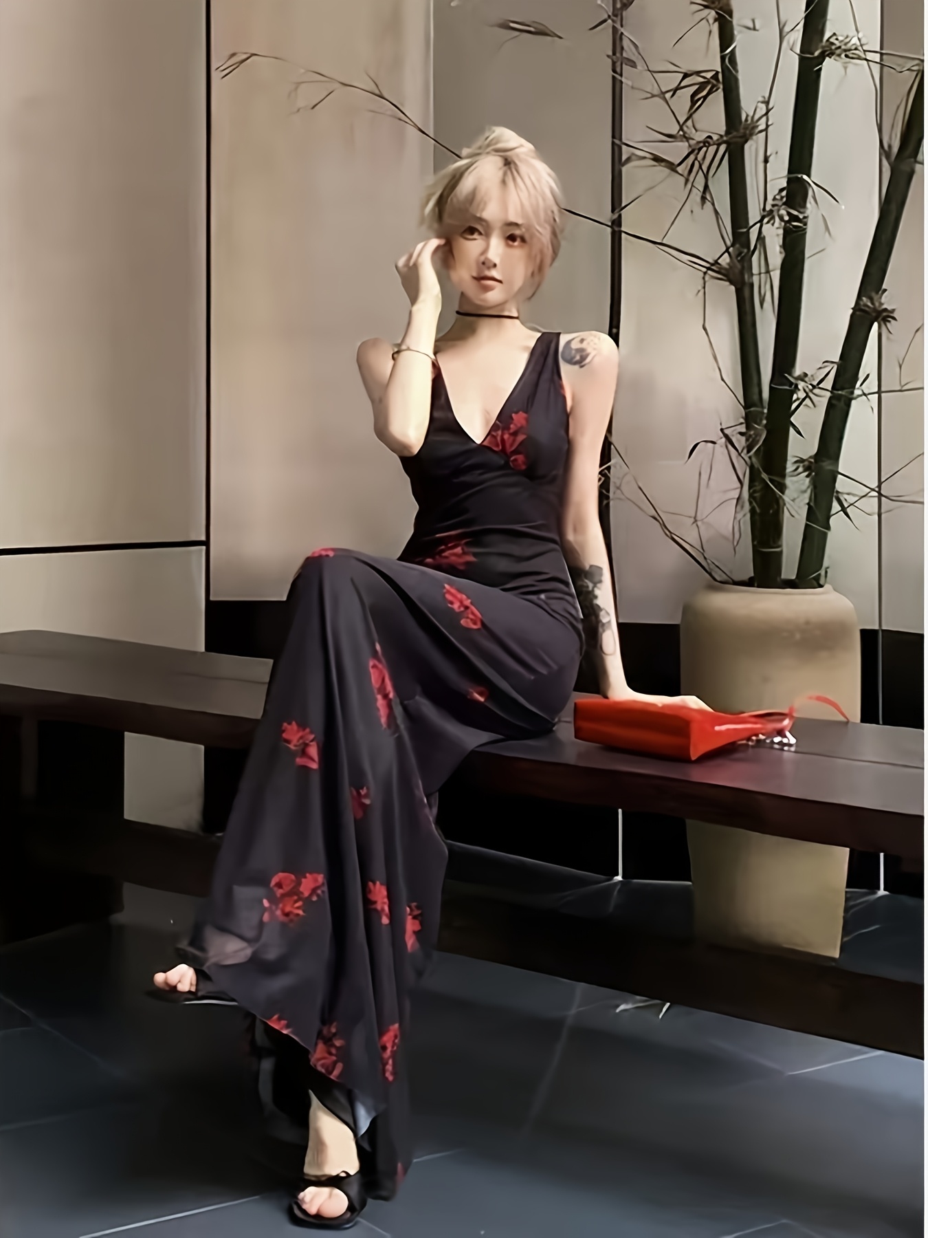 chinese dress ladies Black Floral Chiffon V-Neck Long Sleeve Maxi Dress – PinkBlush main image 0